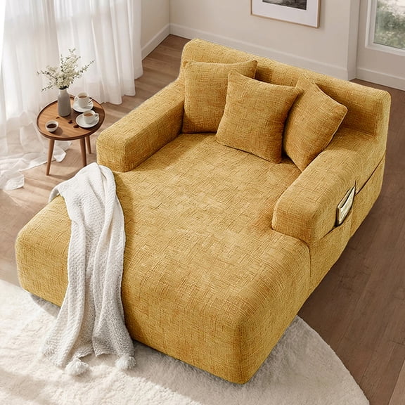 Homefun 61"Chenille Oversized Chaise Lounge Chair Indoor No Assembly Required Sofa Bed with side bag 3 Pillows