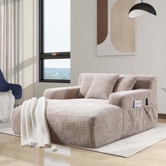 Homefun 61"Chenille Oversized Chaise Lounge Chair Indoor No Assembly Required Sofa Bed with side bag 3 Pillows