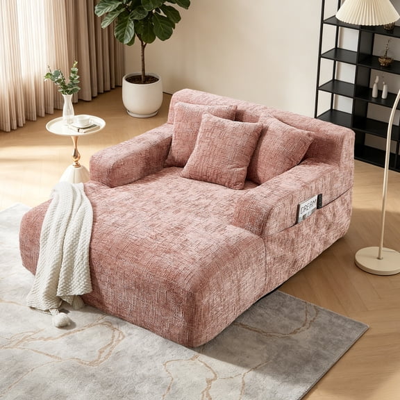 Homefun 61'' Oversized Chenille Chaise Lounge Chair,No Assembly Indoor Reading Sofa with 3 Pillows for Living Room Bedroom,Pink