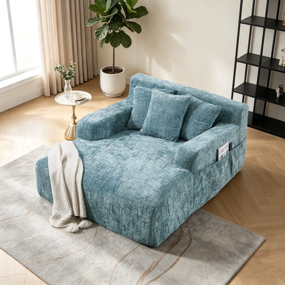 Homefun 61'' Oversized Chenille Chaise Lounge Chair,No Assembly Indoor Reading Sofa with 3 Pillows for Living Room Bedroom,Blue