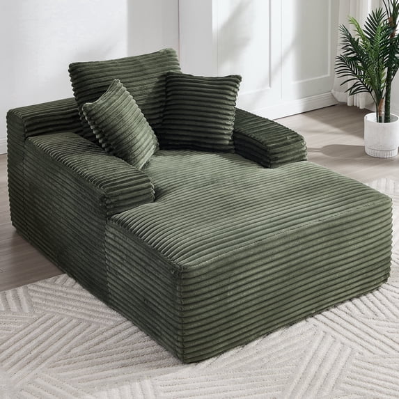 Homefun 67" Chaise Lounge Chair Armrest Indoor Corduroy Oversize Sleeper Sofa for Living Room Three Pillows No Assembly,Green
