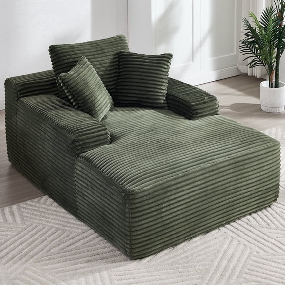 Homefun 67" Chaise Lounge Chair Armrest Indoor Corduroy Oversize Sleeper Sofa for Living Room Three Pillows No Assembly,Green