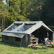 Homefun 9.8x13ft Quick-Setup Inflatable Camping Tent - 4-Season Waterproof & Windproof Glamping Tent with Hand Pump, Mesh & Chimney Windows, Oxford Cabin Design