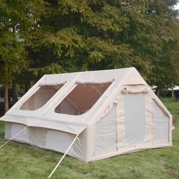 Homefun 9.8x13ft Quick-Setup Inflatable Camping Tent - 4-Season Waterproof & Windproof Glamping Tent with Hand Pump, Mesh & Chimney Windows, Oxford Cabin Design(Beige)