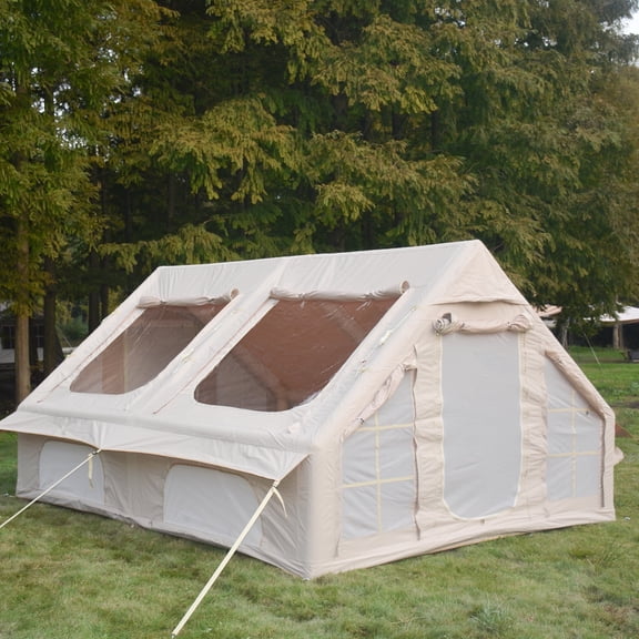 Homefun 9.8x13ft Quick-Setup Inflatable Camping Tent - 4-Season Waterproof & Windproof Glamping Tent with Hand Pump, Mesh & Chimney Windows, Oxford Cabin Design(Beige)