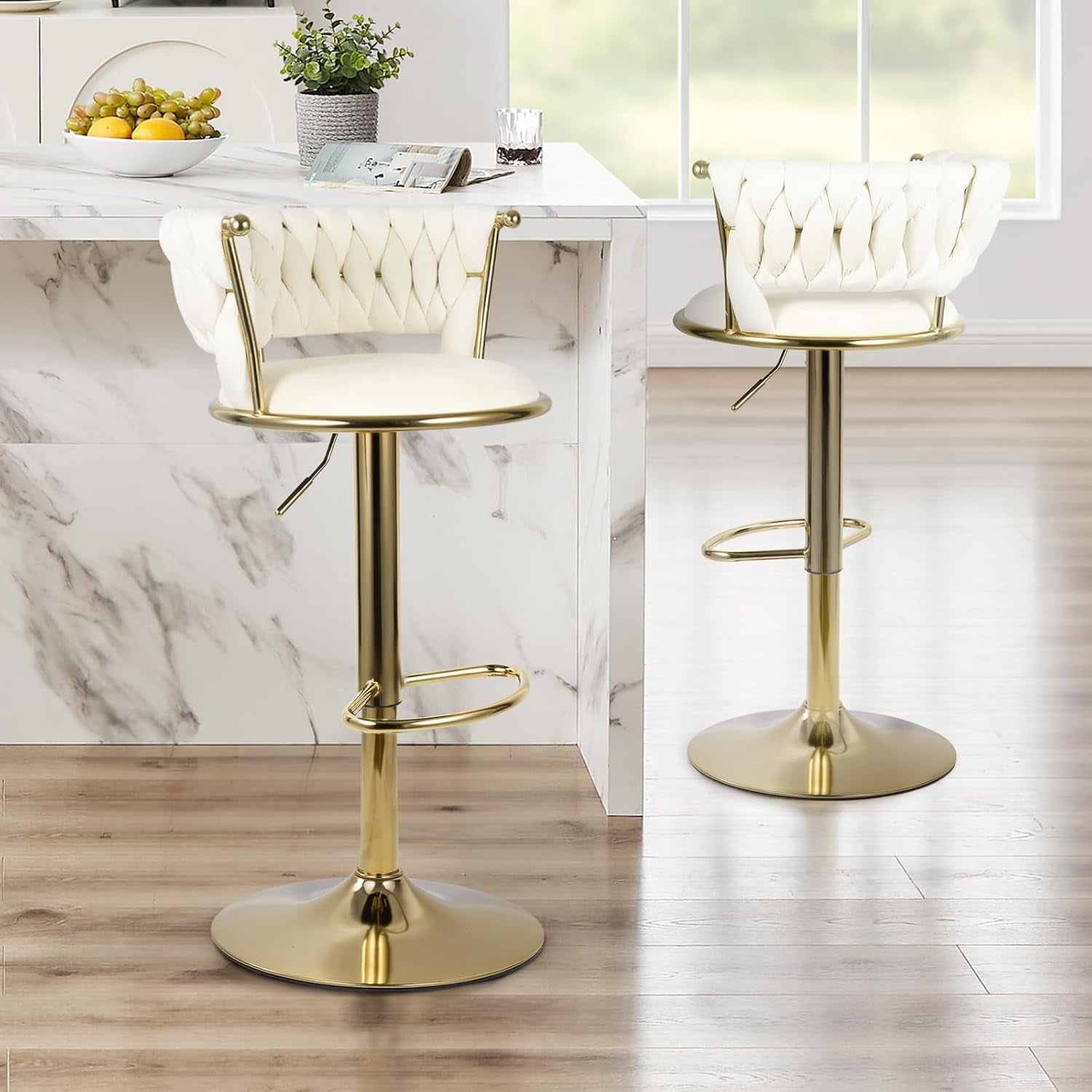Homefun Swivel Velvet Bar Stools Set of 2, Height Adjustable Counter Height Stools with Low Back, Gold Swivel Bar Chairs for Kitchen Island
