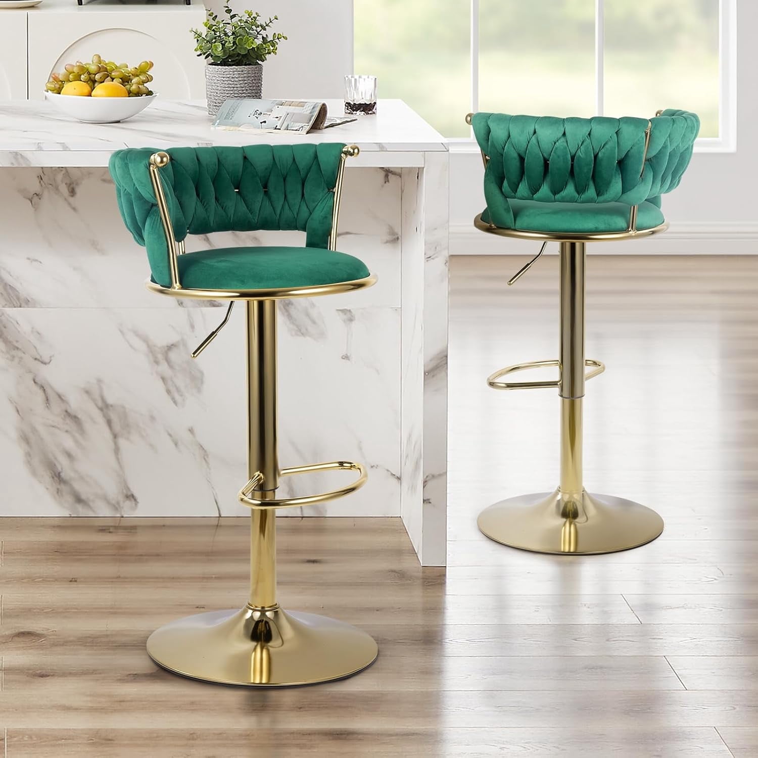 Homefun Swivel Velvet Bar Stools Set of 2, Height Adjustable Counter Height Stools with Low Back, Gold Swivel Bar Chairs for Kitchen Island