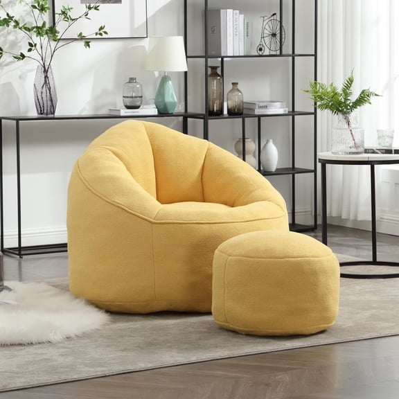 Homefun Bean Bag Chair for Adult,Microfiber Upholstered Sofa with Footstool Shell-Shaped Memory Foam Stuffed Lazy Sofa for Living Room(Yellow)
