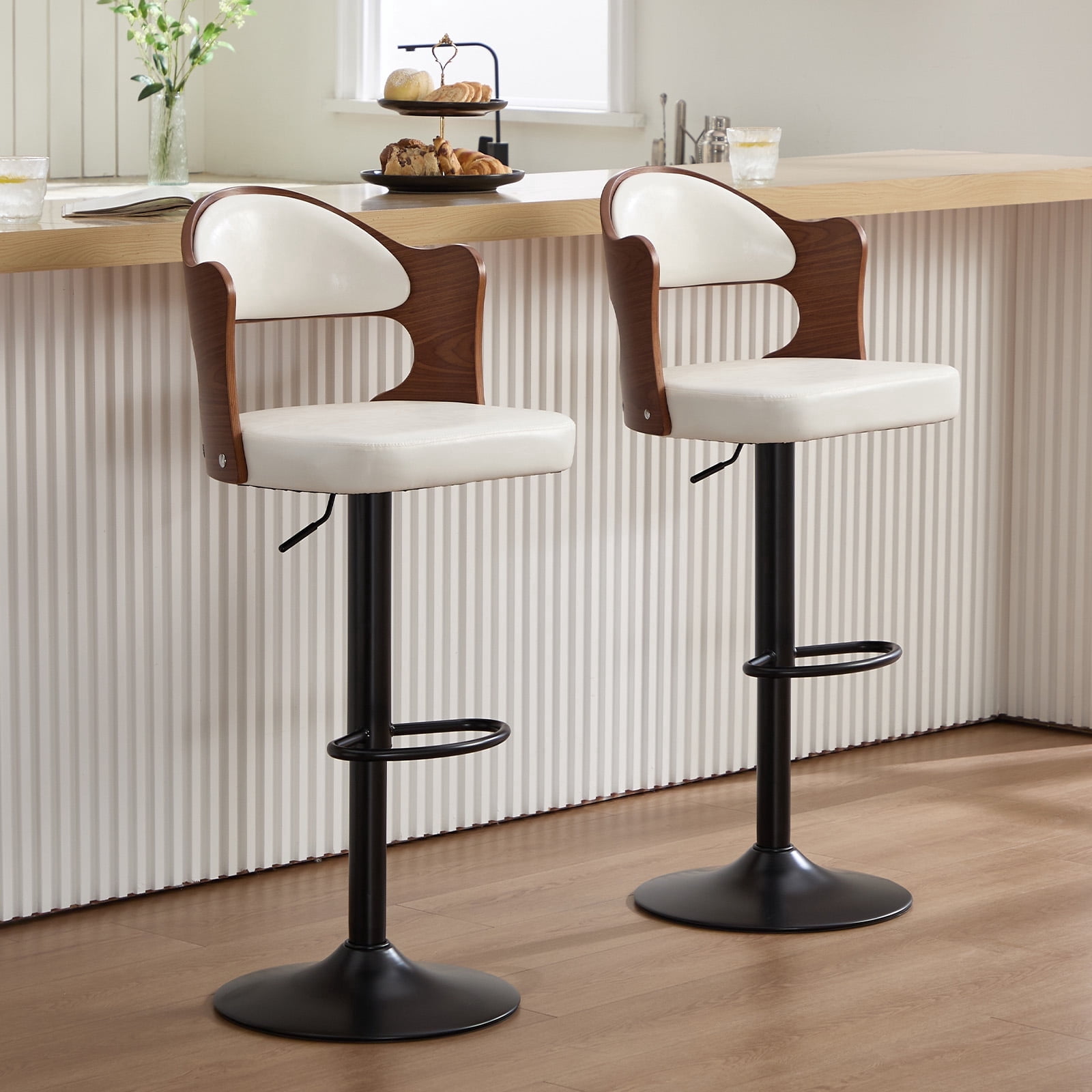 Homefun Swivel Bar Stools Set of 2,Wooden Upholstered Scratch-Resistant Fabric with Back,Chairs for Kitchen Island,White