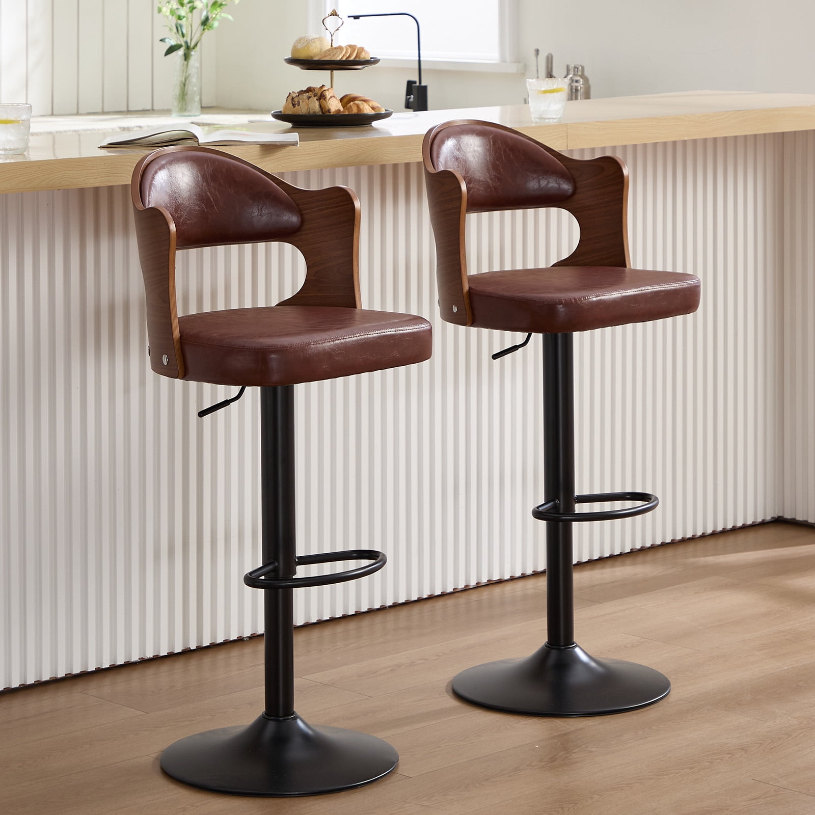 Homefun Swivel Bar Stools Set of 2,Wooden Upholstered Scratch-Resistant Fabric with Back,Chairs for Kitchen Island,Brown