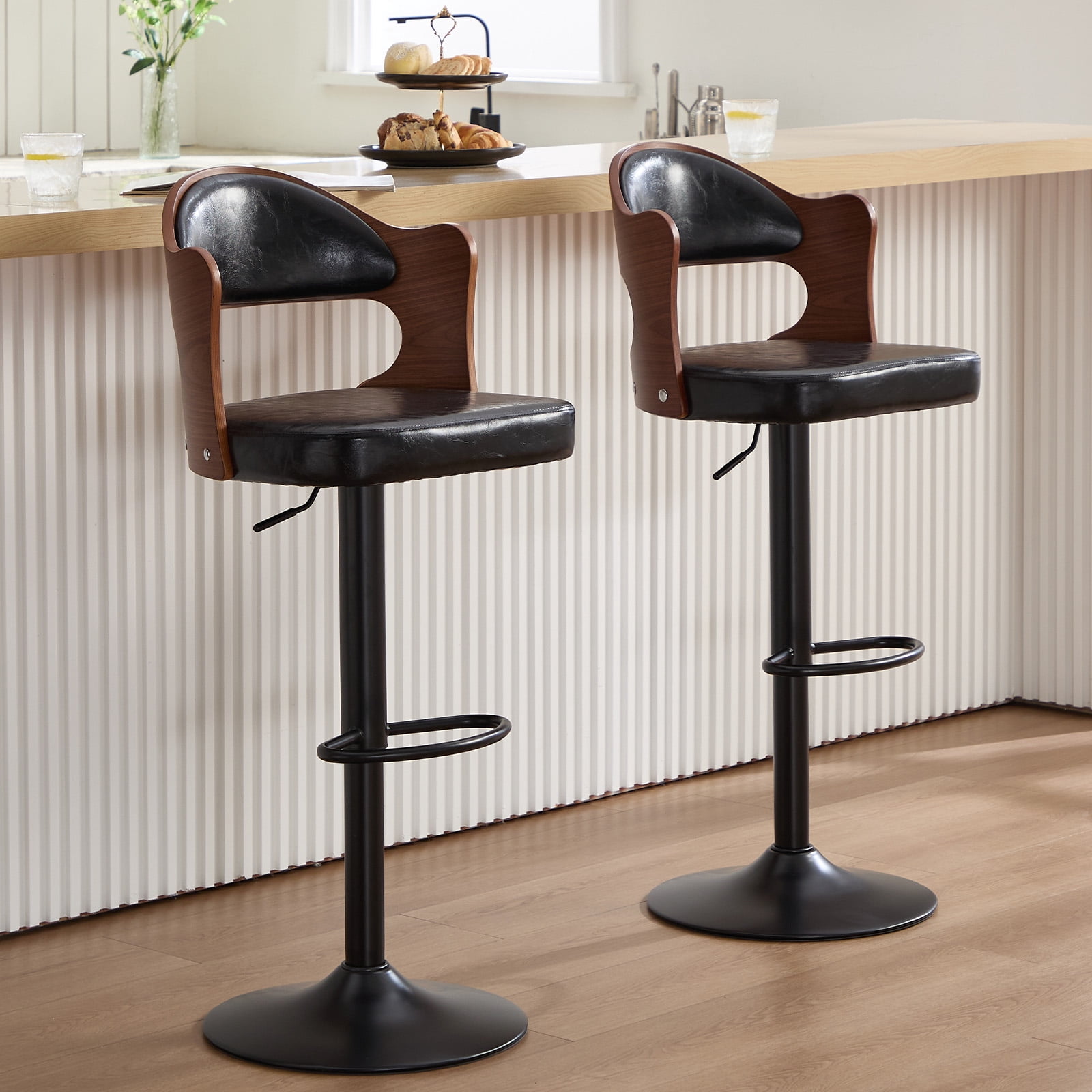 Homefun Swivel Bar Stools Set of 2,Wooden Upholstered Scratch-Resistant Fabric with Back,Chairs for Kitchen Island,Black