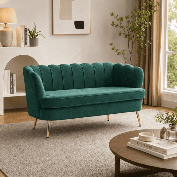 Homefun Chenille 2-Seater Loveseat with Gold Metal Legs Scallop Back,Curved Accent Sofa for Living Room/Bedroom,Emerald