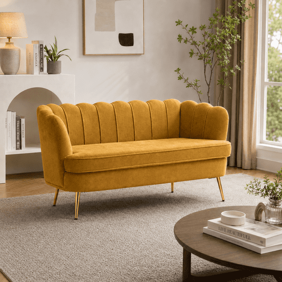 Homefun Chenille 2-Seater Loveseat with Gold Metal Legs Scallop Back,Curved Accent Sofa for Living Room/Bedroom,Yellow