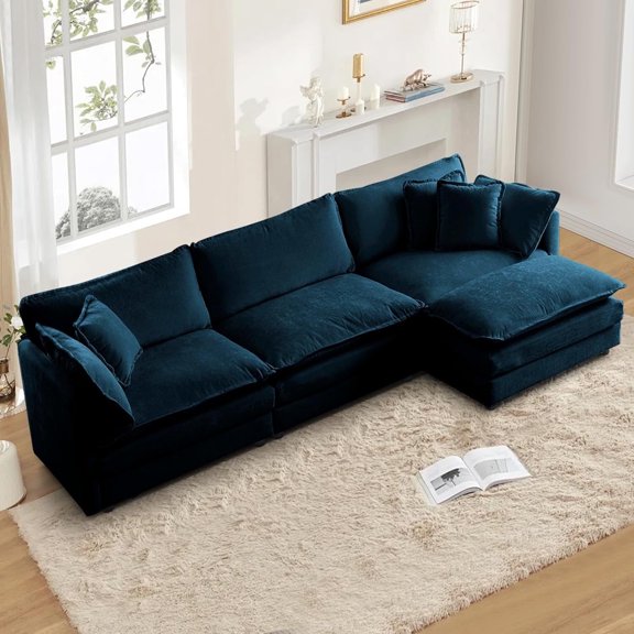 Homefun Chenille Sectional Sofa Comfy L Shaped Modular 3-Seat Sofa With Reversible Ottoman Deep Seat for Living Room,Deep Blue