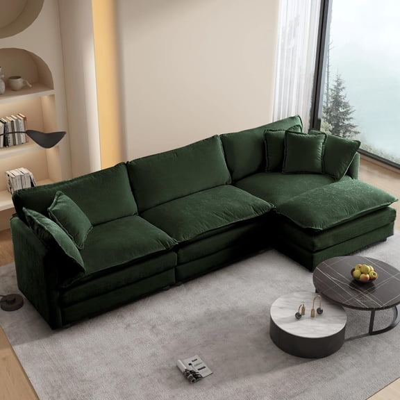 Homefun Chenille Sectional Sofa Comfy L Shaped Modular 3-Seat Sofa With Reversible Ottoman Deep Seat for Living Room,Green