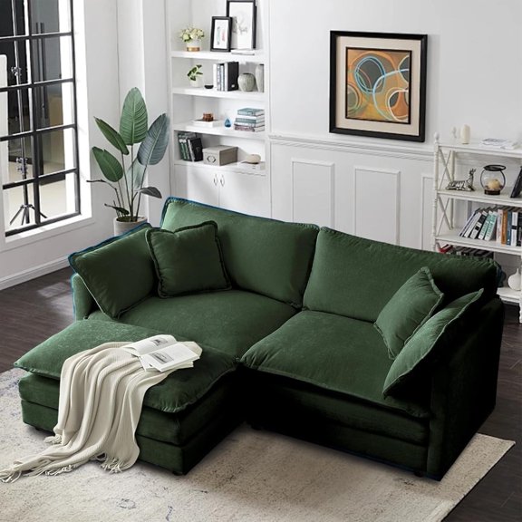 Homefun Chenille Sectional Sofa Comfy L Shaped Modular Couch with Ottoman Deep Seat Sofa for Living Room,Green