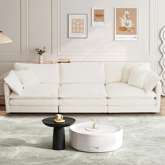 Homefun Chenille Sectional Sofa Comfy Modular 3-Seat Sofa With 5 pillows Deep Seat for Living Room,White