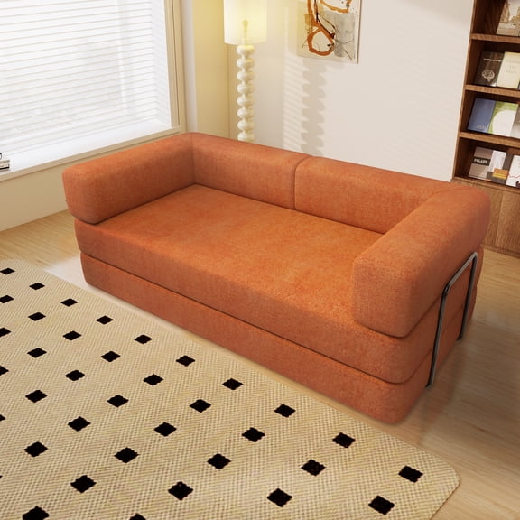 Homefun Convertible Sleeper Sofa Bed Corduroy Fixed Frame Floor Lounge Cylindrical Pillow No Assembly Living Room Bedroom Studio Apartment(Orange Red)