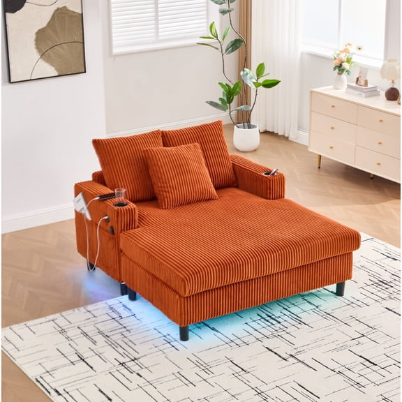 Homefun Corduroy Oversized Recliner Sofa Bed with Deep Seat 3 Pillows,USB,RGB LED Light Strip,Cup Holder, Side Pocket