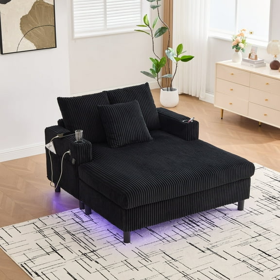 Homefun Corduroy Oversized Recliner Sofa Bed with Deep Seat 3 Pillows,USB,RGB LED Light Strip,Cup Holder, Side Pocket