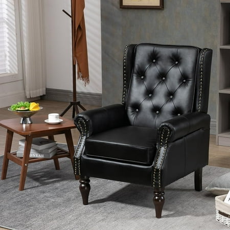 Homefun Mid Century Chair PU Leather Accent Armchair Tufted Button Back Rivet Trim Ergonomic Design Modern Living Room Bedroom Home Office Seating Furniture