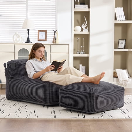 Homefun Memory Foam Bean Bag Chair with Ottoman Large Corduroy Ergonomic Adults Lounger Living Room Bedroom