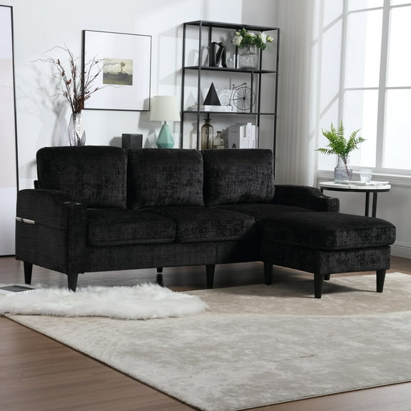 Homefun Modern Chenille Sectional Sofa with Removable Storage Ottoman, L-Shaped Upholstered Couch with Side Pocket and Cup Holder, Multi-Functional Storage Sofa for Livingroom Apartment, Black