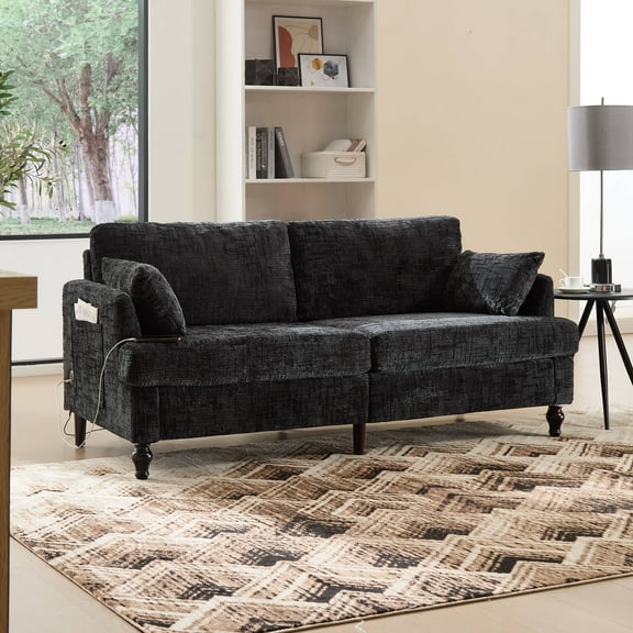 Homefun Modern Chenille Sofa 2-Seater Wood Legs LED Lighting USB Port Storage Bag Small Space Furniture