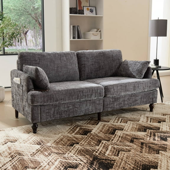 Homefun Modern Chenille Sofa 2-Seater Wood Legs LED Lighting USB Port Storage Bag Small Space Furniture