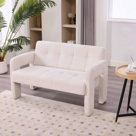 Homefun Modern Double Armchair Minimalist Nordic Padded Compact Upholstered Sofa Accent Chair Living Room Bedroom Office Seating,Beige