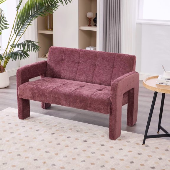 Homefun Modern Double Armchair Minimalist Nordic Padded Compact Upholstered Sofa Accent Chair Living Room Bedroom Office Seating,Wine Red