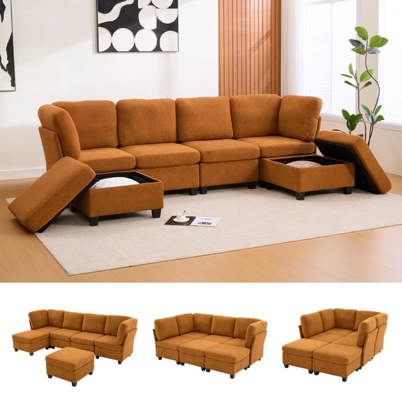 Homefun Modular Sectional Sofa 6-Seat Freely Combinable Convertible Chaise with Storage Ottoman for Home Apartment Office