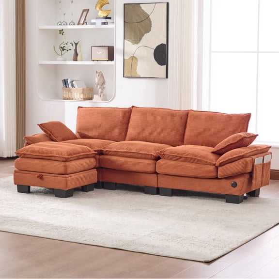 Homefun Modular Cloud Corduroy 3-Seat Sofa with Storage Footstool Deep Seat Comfy for Living Room,Orange