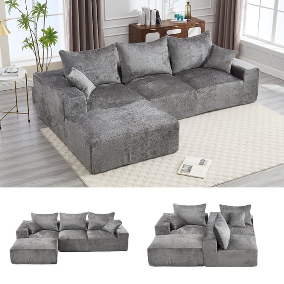 Homefun Modular L-Shape Floor Sofa No Assembly Chenille Fabric Sectional Sofas Indoor Seating