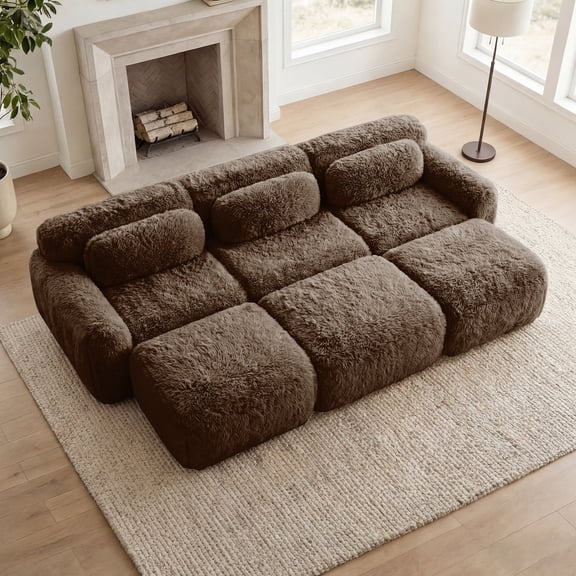 Homefun Modular Sectional Sofa Soft And Fluffy Plush Fabric With Ottoman No Assembly Buckle Connection Home Theater,Chocolate