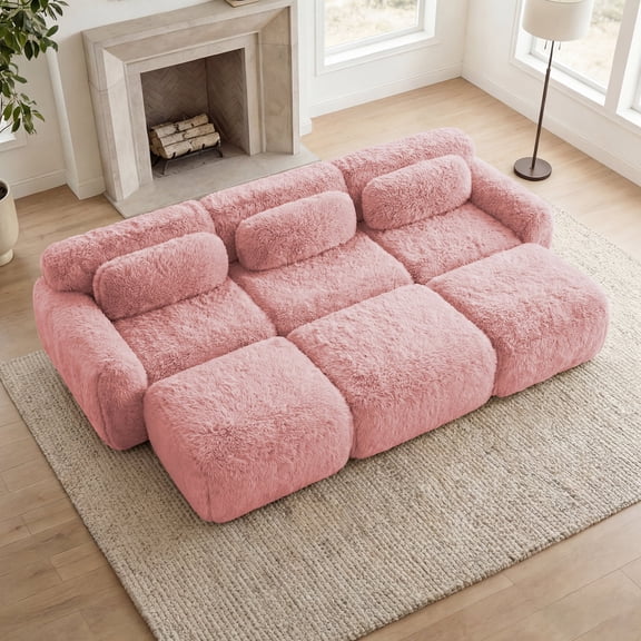 Homefun Modular Sectional Sofa Soft And Fluffy Plush Fabric With Ottoman No Assembly Buckle Connection Home Theater,Pink