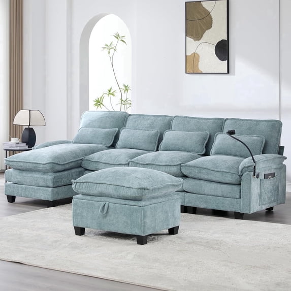 Homefun Chenille Modular U Shape Sectional Sofa With Chaise Lounge Storage Ottoman USB Phone Mount,Living Room