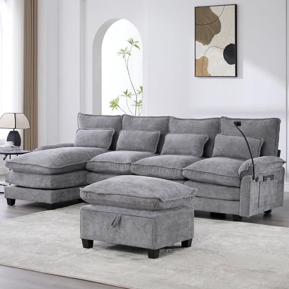Homefun Chenille Modular U Shape Sectional Sofa With Chaise Lounge Storage Ottoman USB Phone Mount,Living Room