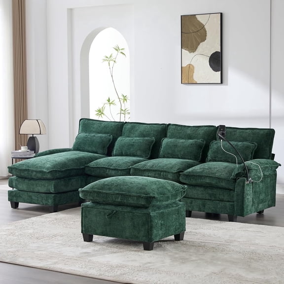Homefun Chenille Modular U Shape Sectional Sofa With Chaise Lounge Storage Ottoman USB Phone Mount,Living Room