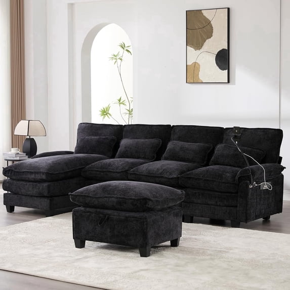 Homefun Chenille Modular U Shape Sectional Sofa With Chaise Lounge Storage Ottoman USB Phone Mount,Living Room