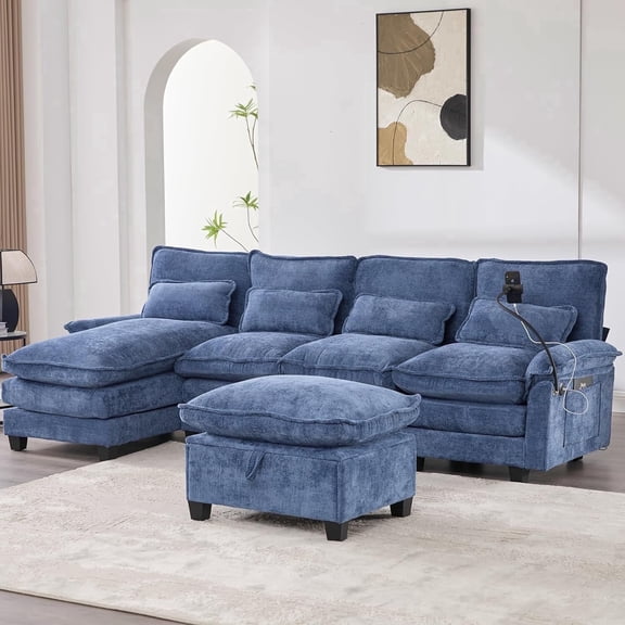 Homefun Chenille Modular U Shape Sectional Sofa With Chaise Lounge Storage Ottoman USB Phone Mount,Living Room