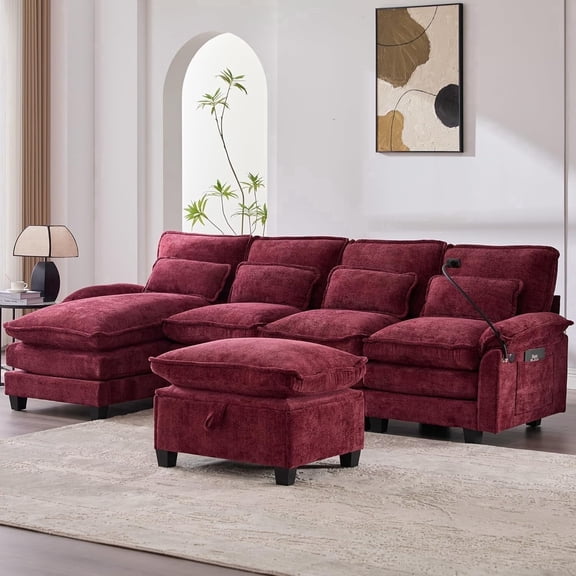 Homefun Chenille Modular U Shape Sectional Sofa With Chaise Lounge Storage Ottoman USB Phone Mount,Living Room