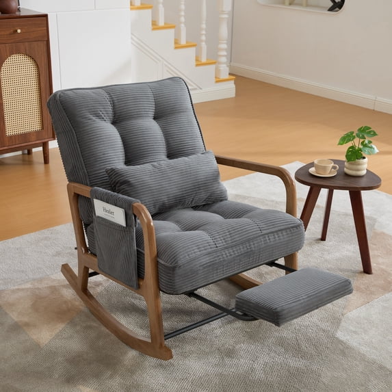 Homefun Corduroy Rocking Chair Wood Frame with Footrest Adjustable Back Storage Pocket for Nursery Living Room,Dark Gray