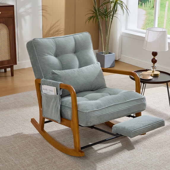 Homefun Corduroy Rocking Chair Wood Frame with Footrest Adjustable Back Storage Pocket for Nursery Living Room,Mint Green