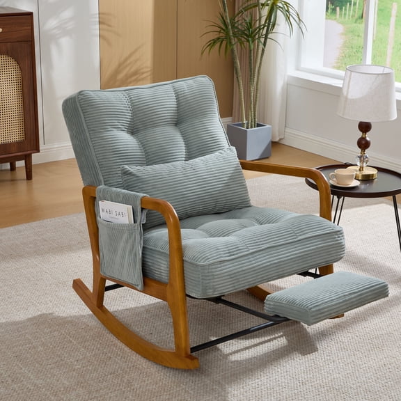 Homefun Corduroy Rocking Chair Wood Frame with Footrest Adjustable Back Storage Pocket for Nursery Living Room,Mint Green