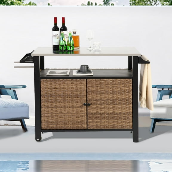 Homefun Outdoor Large Kitchen Rolling Cart Storage Wicker Island Cabinet Wheels Stainless Steel Extended Table Top bar
