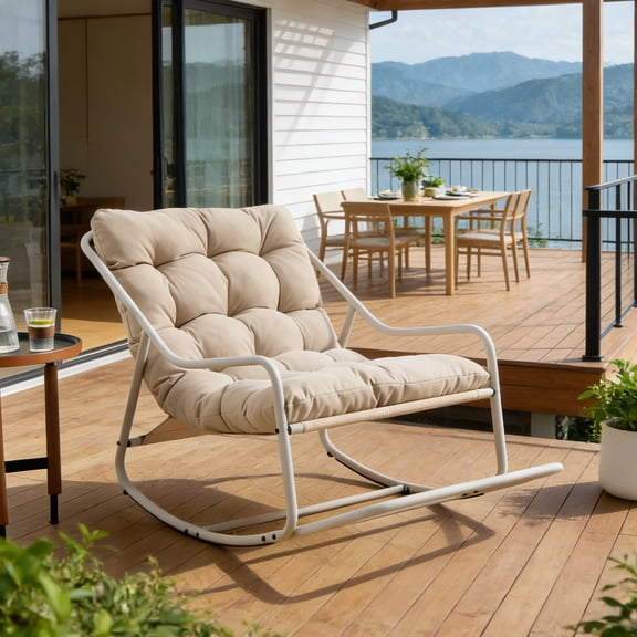Homefun Outdoor Rocking Chair,Indoor Oversized Comfy Reading Chairs with Cushion,Patio Rocker Recliner Chair