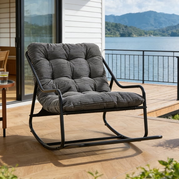 Homefun Outdoor Rocking Chair,Indoor Oversized Comfy Reading Chairs with Cushion,Patio Rocker Recliner Chair