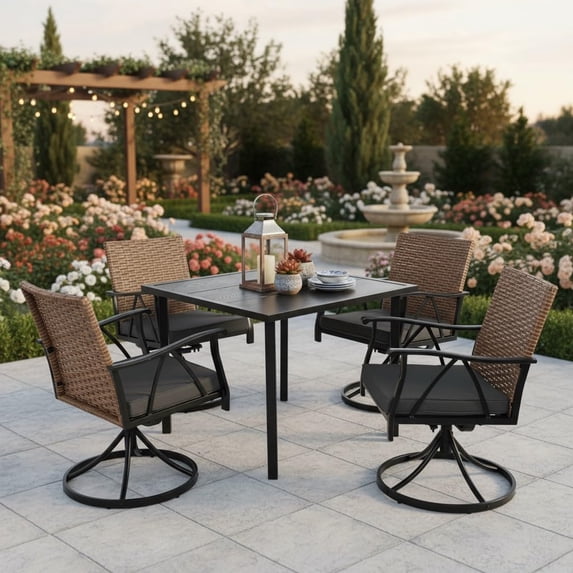 Homefun Patio Dining Set of 5 Outdoor Wicker Swivel Rocker Chairs With Cushions Steel Table Top Backyard Garden Poolside