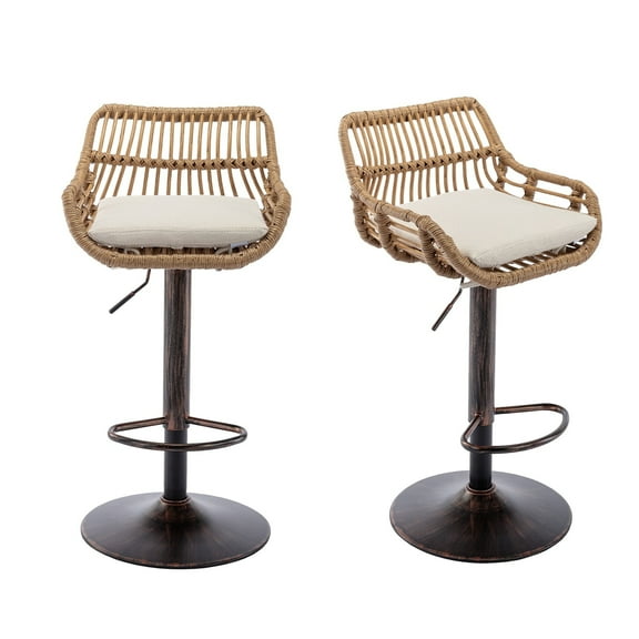 Homefun Rattan Bar Stools Set of 2 Adjustable Height 360 Swivel Low Back Stools with Footrest Breathable Linen Cushions